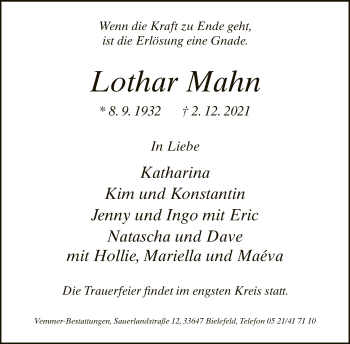 Traueranzeige von Lothar Mahn von Neue Westfälische