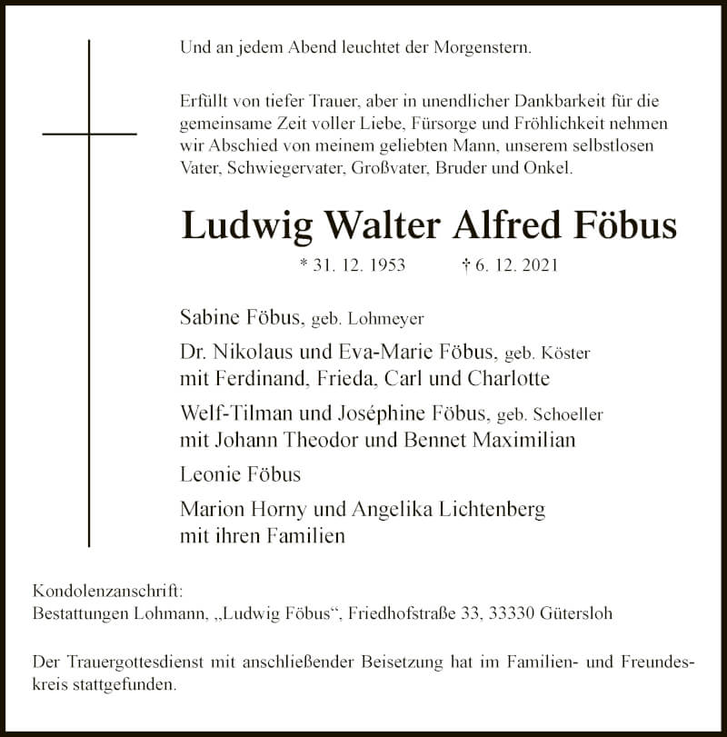  Traueranzeige für Ludwig Walter Alfred Föbus vom 11.12.2021 aus Neue Westfälische