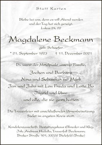 Traueranzeige von Magdalene Beckmann von Neue Westfälische