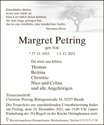 Traueranzeige von Margret Petring von Neue Westfälische