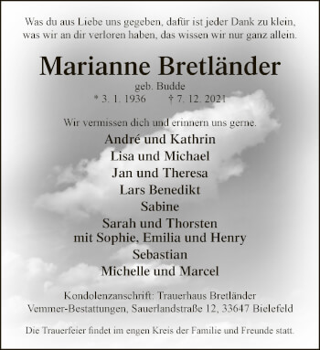 Traueranzeige von Marianne Bretländer von Neue Westfälische