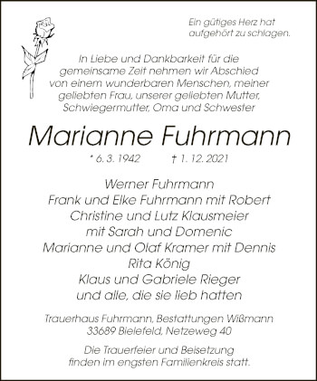 Traueranzeige von Marianne Fuhrmann von Neue Westfälische