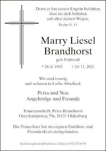 Traueranzeige von Marry Liesel Brandhorst von Neue Westfälische