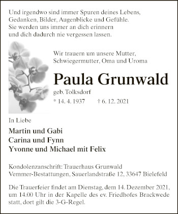 Traueranzeige von Paula Grunwald von Neue Westfälische