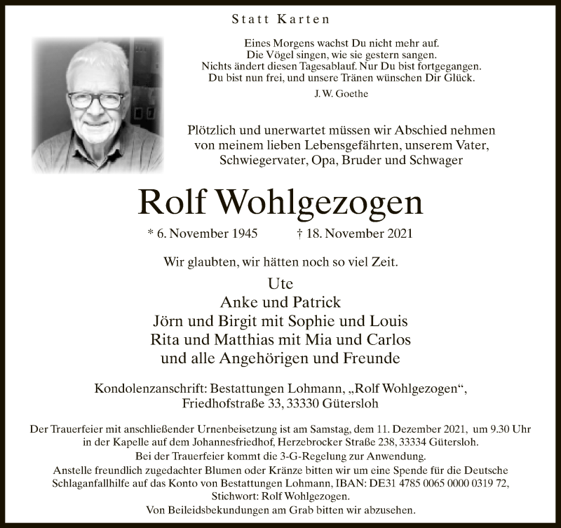  Traueranzeige für Rolf Wohlgezogen vom 04.12.2021 aus Neue Westfälische