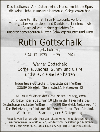 Traueranzeige von Ruth Gottschalk von Neue Westfälische