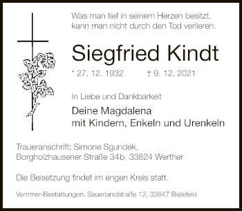 Traueranzeige von Siegfried Kindt von Neue Westfälische