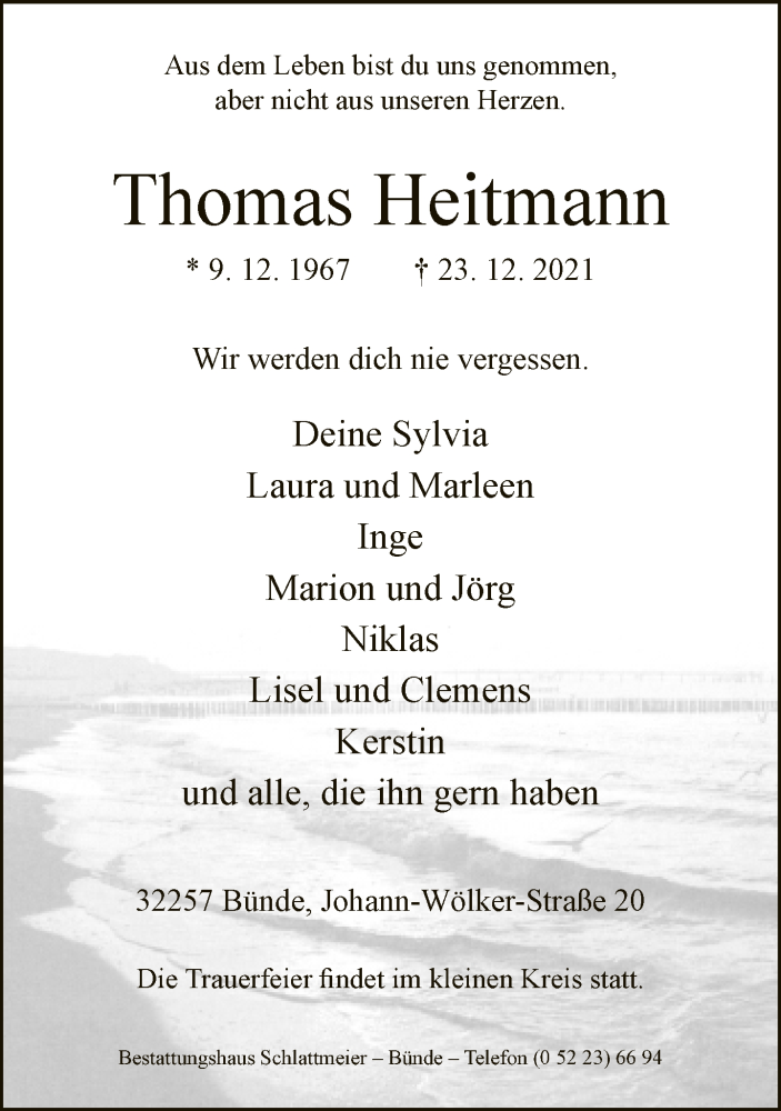  Traueranzeige für Thomas Heitmann vom 31.12.2021 aus Neue Westfälische