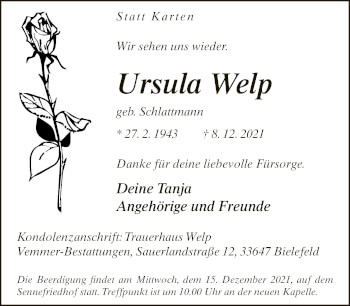 Traueranzeige von Ursula Welp von Neue Westfälische