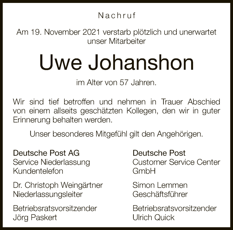  Traueranzeige für Uwe Johanshon vom 04.12.2021 aus Neue Westfälische