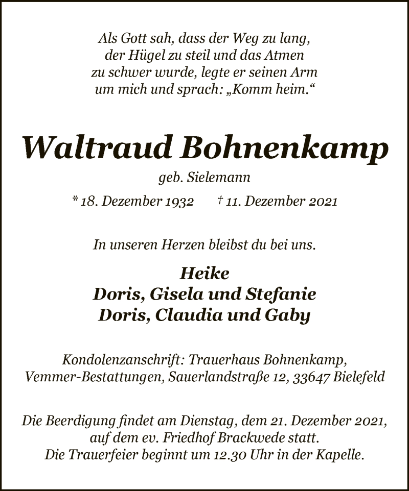  Traueranzeige für Waltraud Bohnenkamp vom 18.12.2021 aus Neue Westfälische
