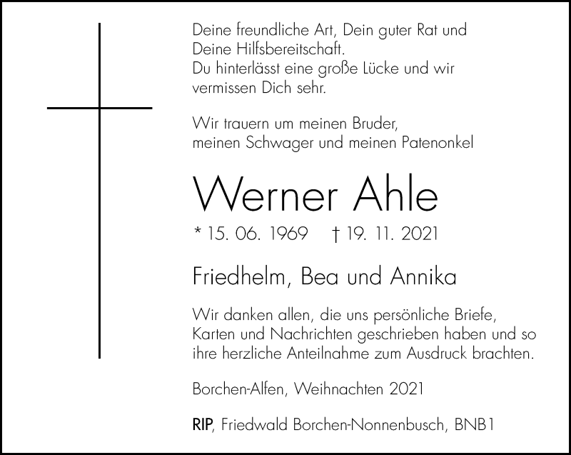 Traueranzeige für Werner Ahle vom 24.12.2021 aus Neue Westfälische