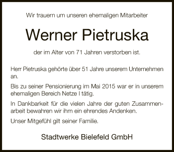 Traueranzeige von Werner Pietruska von Neue Westfälische