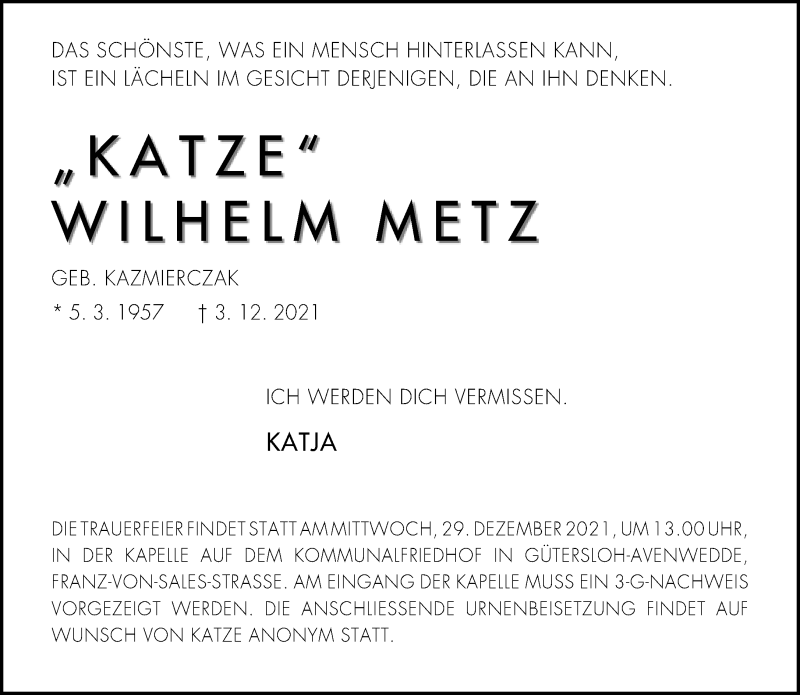  Traueranzeige für Wilhelm Metz vom 24.12.2021 aus Neue Westfälische
