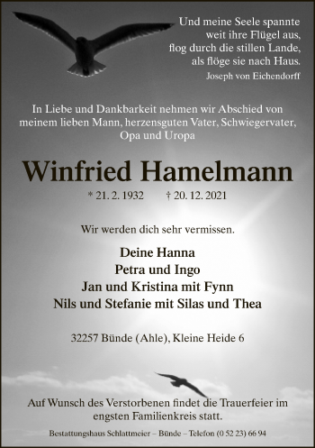 Traueranzeige von Winfried Hamelmann von Neue Westfälische