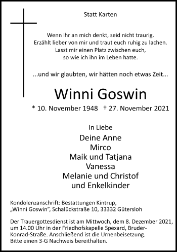 Traueranzeige von Winni Goswin von Neue Westfälische