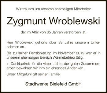 Traueranzeige von Zygmunt Wroblewski von Neue Westfälische