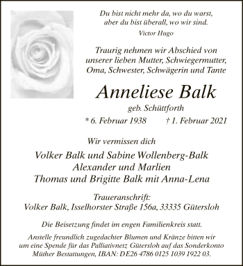 Traueranzeige von Anneliese Balk von Neue Westfälische