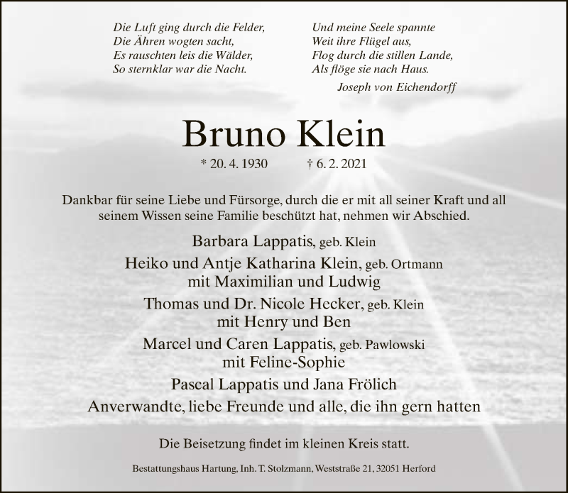  Traueranzeige für Bruno Klein vom 13.02.2021 aus Neue Westfälische