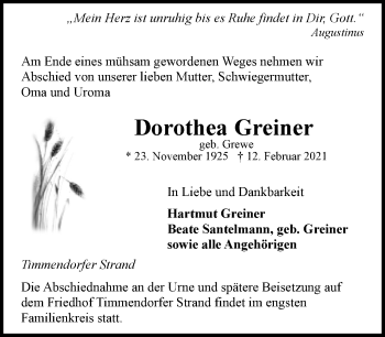 Traueranzeige von Dorothea Greiner von Neue Westfälische