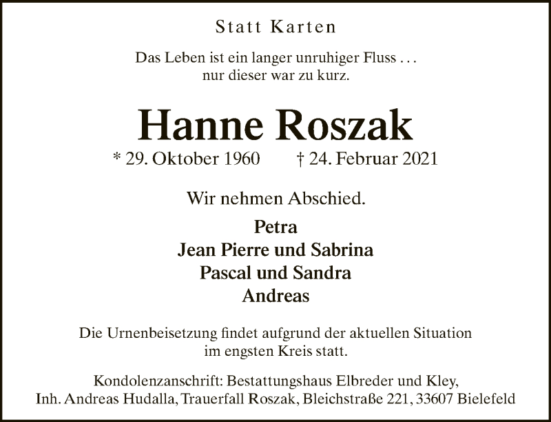  Traueranzeige für Hanne Roszak vom 27.02.2021 aus Neue Westfälische