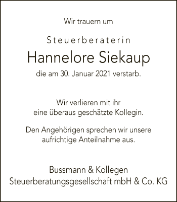 Traueranzeige von Hannelore Siekaup von Neue Westfälische