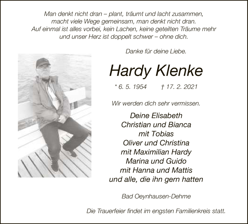  Traueranzeige für Hardy Klenke vom 27.02.2021 aus Neue Westfälische