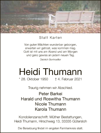 Traueranzeige von Heidi Thumann von Neue Westfälische