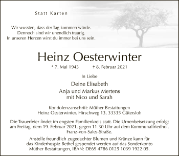 Traueranzeige von Heinz Oesterwinter von Neue Westfälische