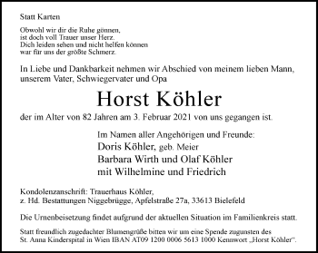 Traueranzeige von Horst Köhler von Neue Westfälische