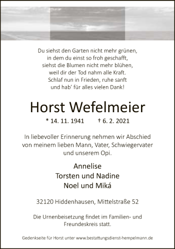 Traueranzeige von Horst Wefelmeier von Neue Westfälische