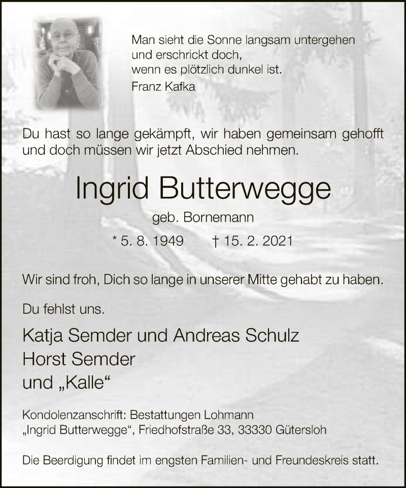  Traueranzeige für Ingrid Butterwegge vom 23.02.2021 aus Neue Westfälische