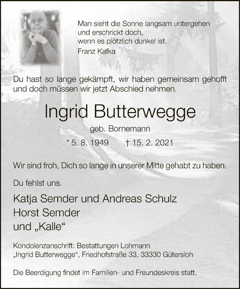  Traueranzeige für Ingrid Butterwegge vom 27.02.2021 aus Neue Westfälische