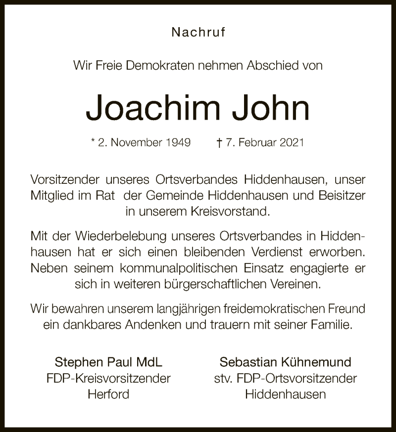  Traueranzeige für Joachim John vom 13.02.2021 aus Neue Westfälische