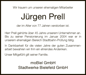 Traueranzeige von Jürgen Prell von Neue Westfälische