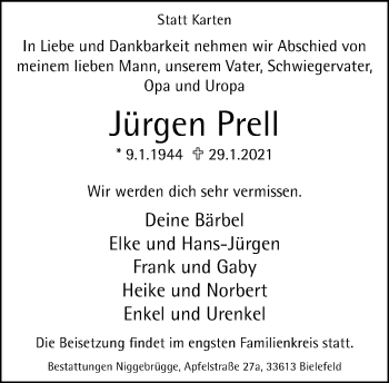 Traueranzeige von Jürgen Prell von Neue Westfälische