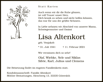 Traueranzeige von Lisa Altenkort von Neue Westfälische