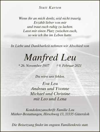 Traueranzeige von Manfred Leu von Neue Westfälische