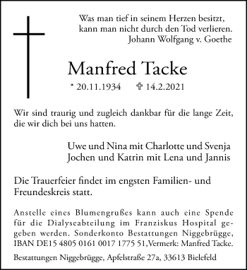 Traueranzeige von Manfred Tacke von Neue Westfälische