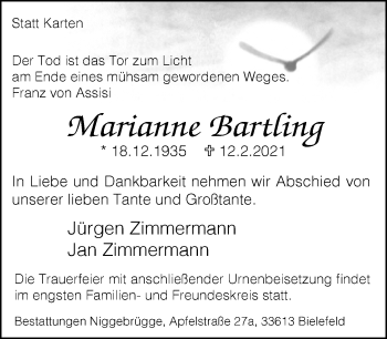 Traueranzeige von Marianne Bartling von Neue Westfälische