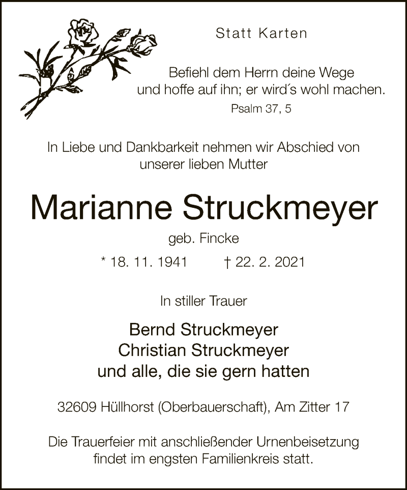  Traueranzeige für Marianne Struckmeyer vom 27.02.2021 aus Neue Westfälische