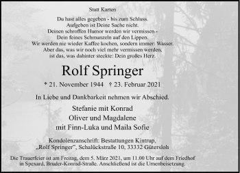 Traueranzeige von Rolf Springer von Neue Westfälische