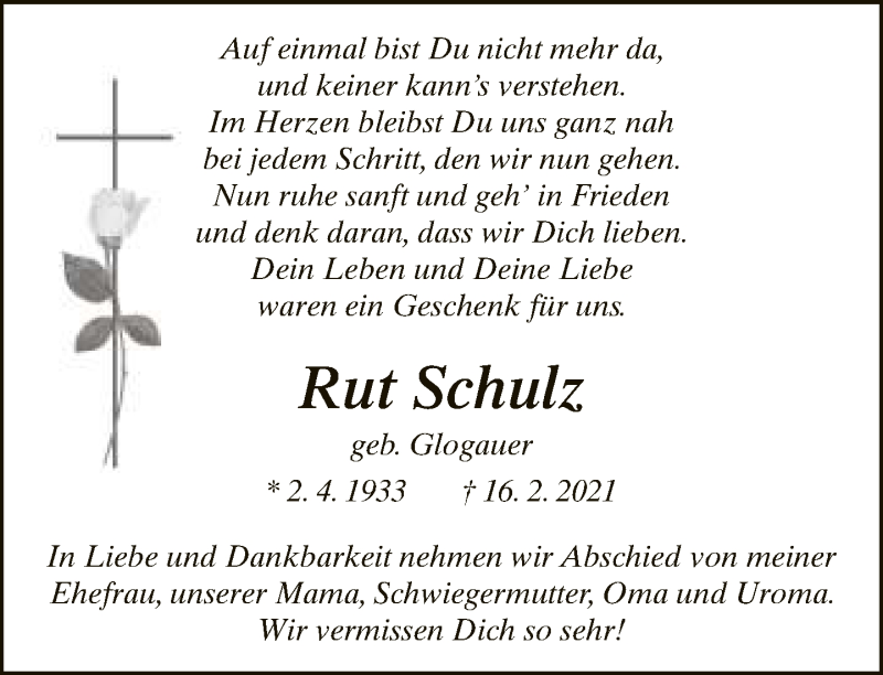  Traueranzeige für Rut Schulz vom 20.02.2021 aus Neue Westfälische