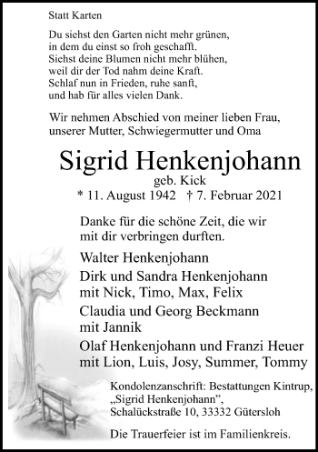 Traueranzeige von Sigrid Henkenjohann von Neue Westfälische