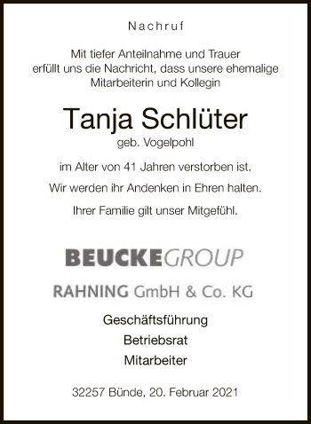 Traueranzeige von Tanja Schlüter von Neue Westfälische