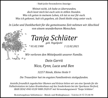 Traueranzeige von Tanja Schlüter von Neue Westfälische