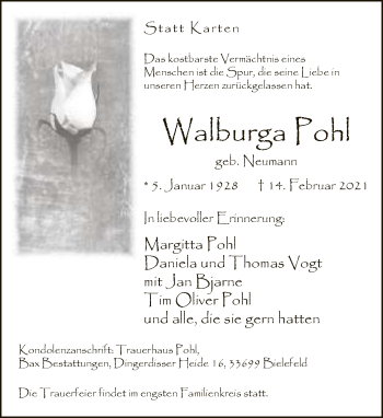 Traueranzeige von Walburga Pohl von Neue Westfälische