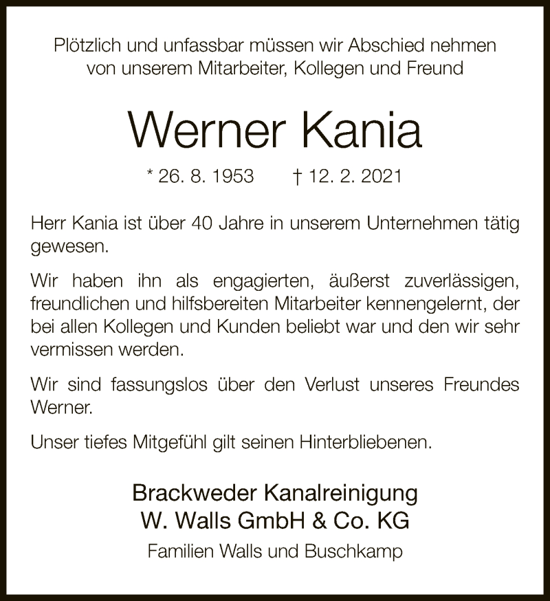 Traueranzeige für Werner Kania vom 27.02.2021 aus Neue Westfälische
