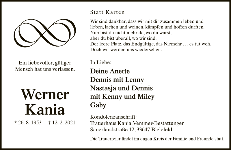  Traueranzeige für Werner Kania vom 20.02.2021 aus Neue Westfälische