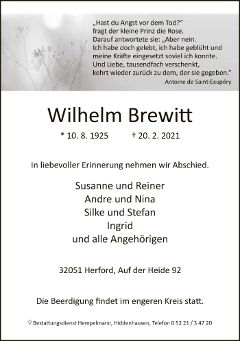 Traueranzeige von Wilhelm Brewitt von Neue Westfälische